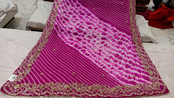 Mulberry pink Pure bandhani shibori saree with hand gota Zari work